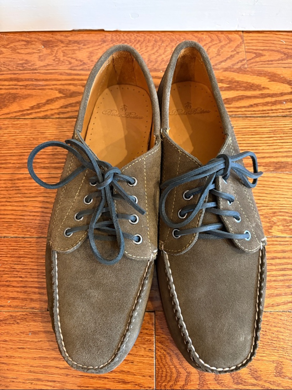 Men's Brooks Brothers Leather/Suede Lace-Up Boat Shoes in Olive Brown